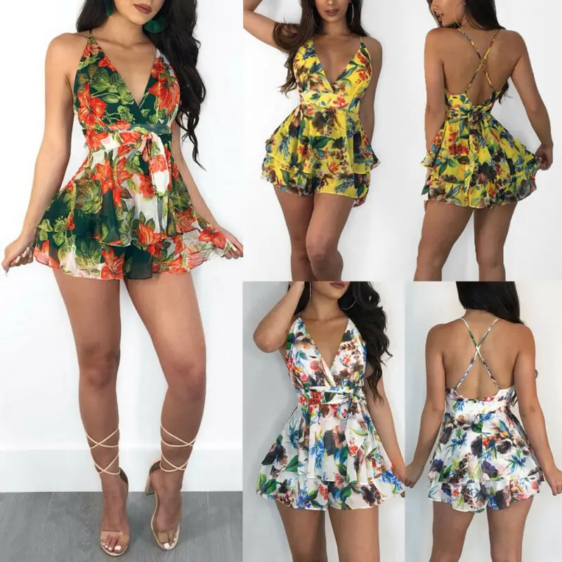 Женский сексуальный пляжный летний комбинезон с цветочным принтом и v образным