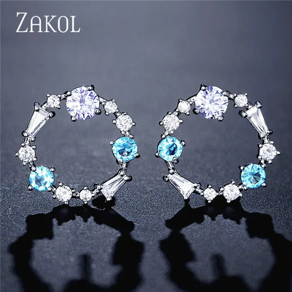 Blue ZAKOL романтические синие и белые круглые серьги с цирконием кубической огранки для женщин модные свадебные подарки ювелирные изделия FSEP2354 - Окраска металла: Blue
