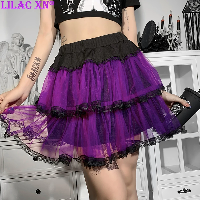 

Y2K Goth Purple Lace Mesh Mini Skirt Harajuku Sexy High Waisted Elastic Fairycore Pleated Skirts Gothic Fairy Grunge Cake Skirts