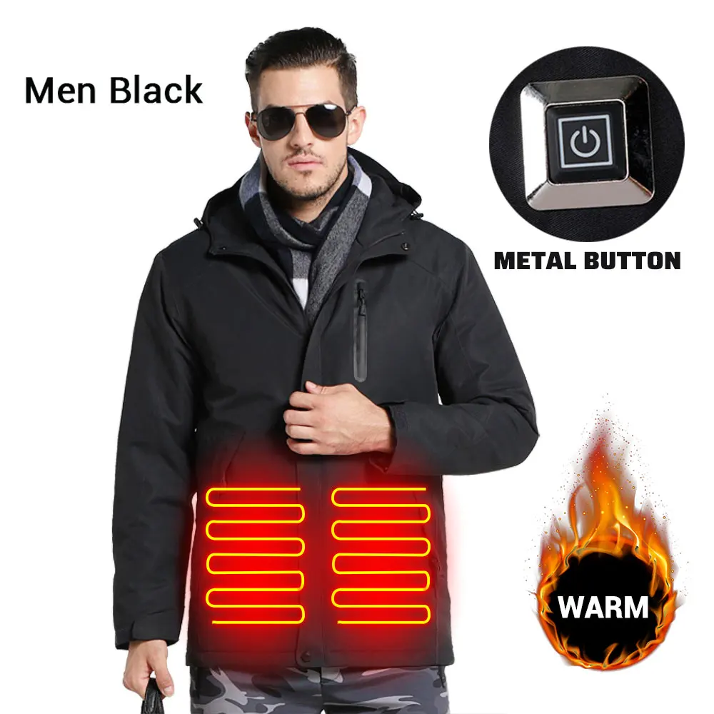 Men Black Мотоциклетная куртка для мужчин и женщин Зимняя Толстая USB Инфракрасная нагревательная куртка водонепроницаемая с капюшоном электрическая теплая одежда Chaqueta Moto - Цвет: Men Black