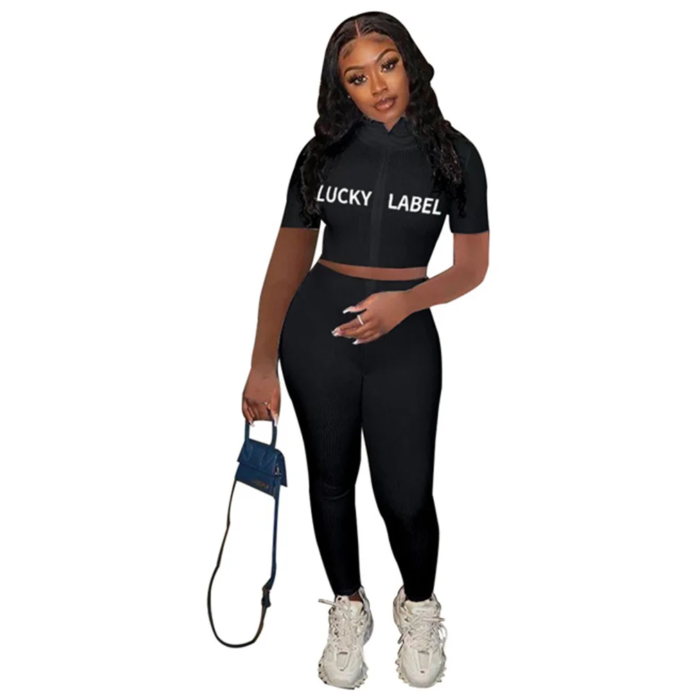 

RStylish Embroidery Knit Rib Bodycon Outfits Two Piece Set 2021 Summer Fitness Elastic Zipper Crop Tops Leggings Women Outfits