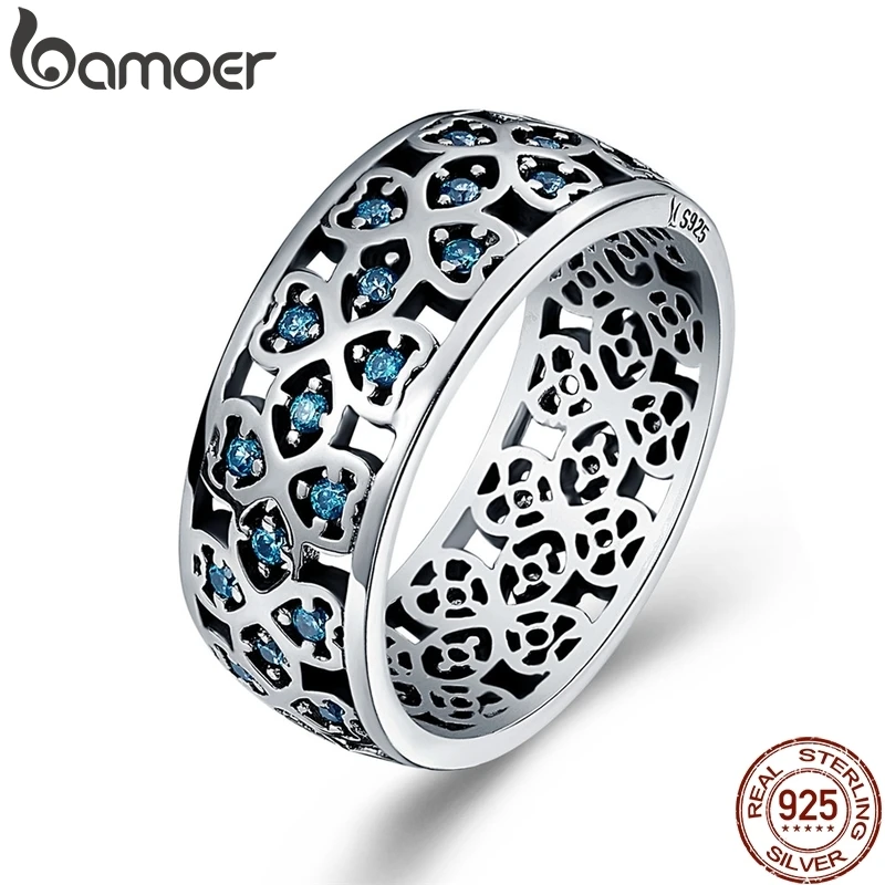 BAMOER 925 пробы серебряные лепестки любви сладкий Клевер голубой CZ палец кольца для женщин обручальные ювелирные изделия S925 подарок SCR064