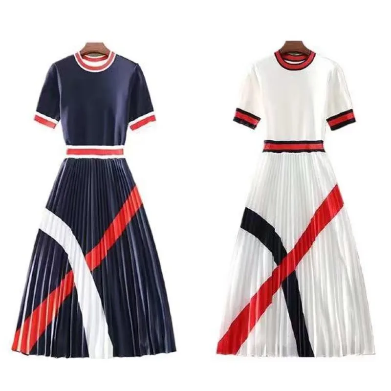 

IVY HE Summer Women Dress Knitted Sweater 2021 Short Sleeve O-Neck Contrast Striped Office OL Dresses Vestidos Roupas Femeninas