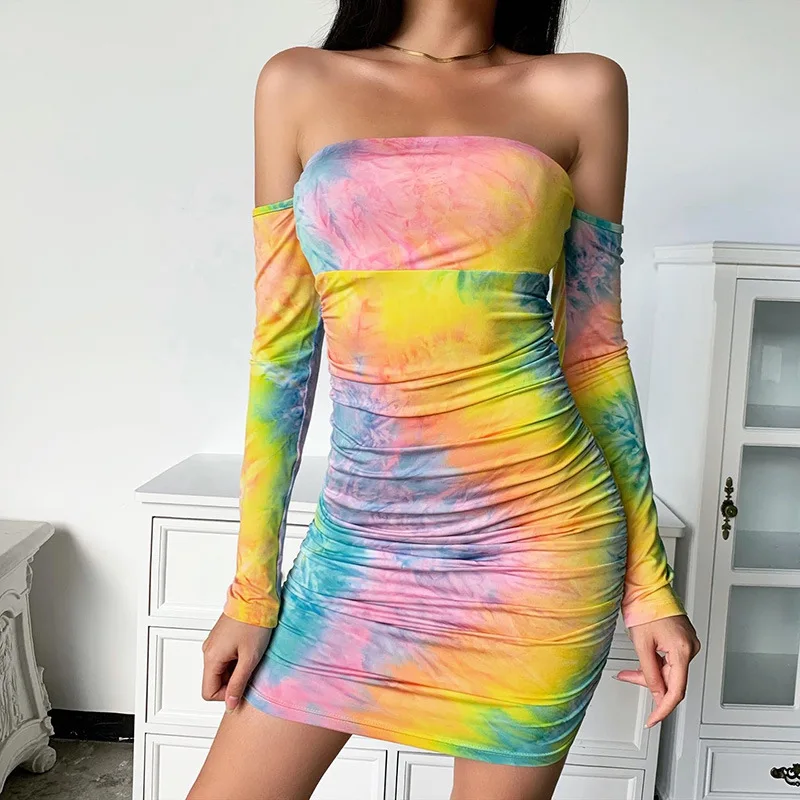 

Cotton Ruched Mini Dress Bodycon Women Long Sleeve Fashion Off Shoulder Tie-Dye Print Dress Sexy Strapless Backless Clothes