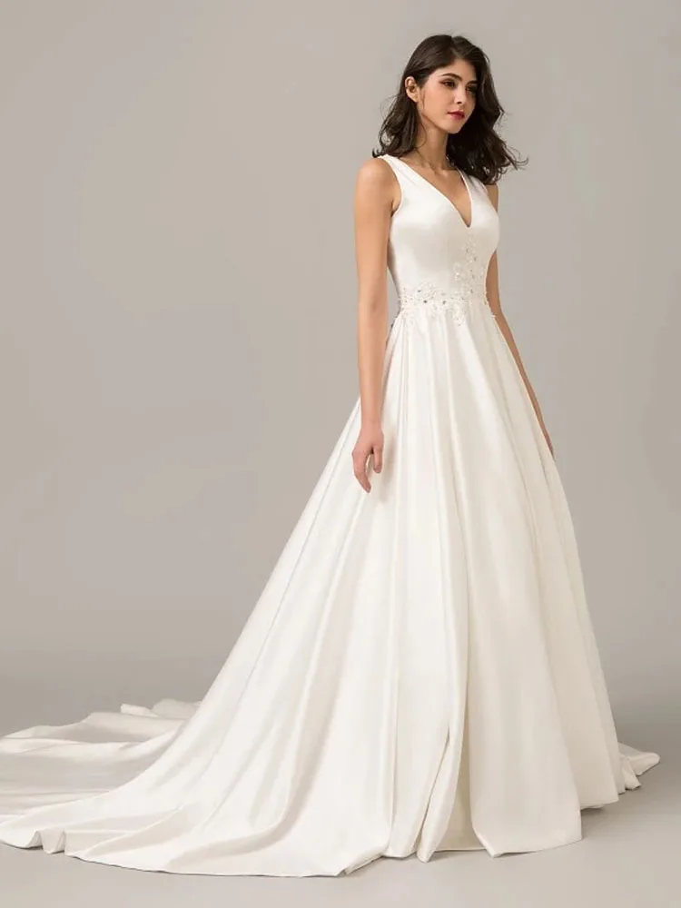 

Foreign Trade Cross-Border Charming Thin Shoulder Strap A-Shaped Rhinestone Wedding Dress Robe De Mariee Custom Open Back Satin