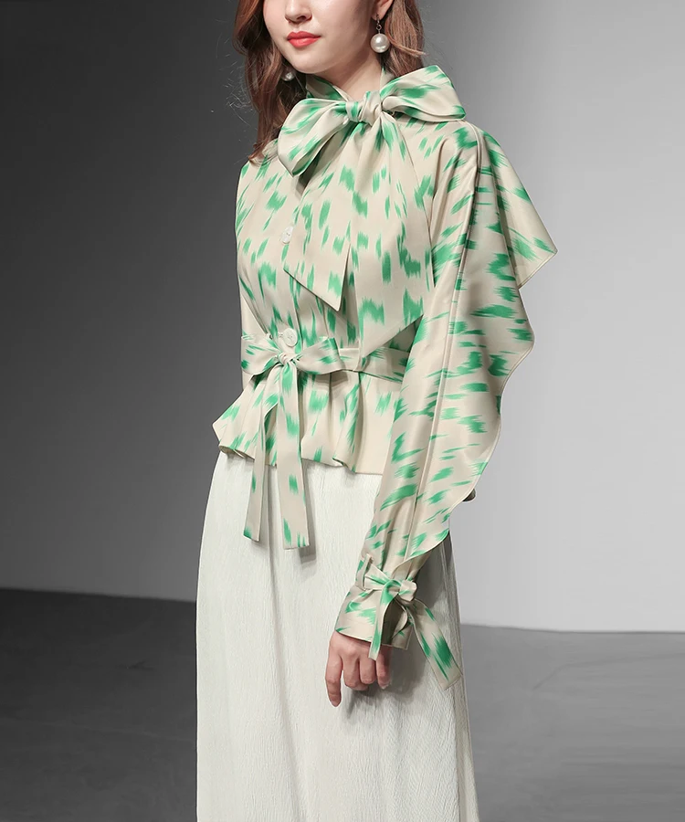 2020 New Runway Spring Women Elegant Bow Collar Ruffles Long Sleeve Tops Blouse Shirts And Slim Mid-Calf Party Skirt Suits Set |