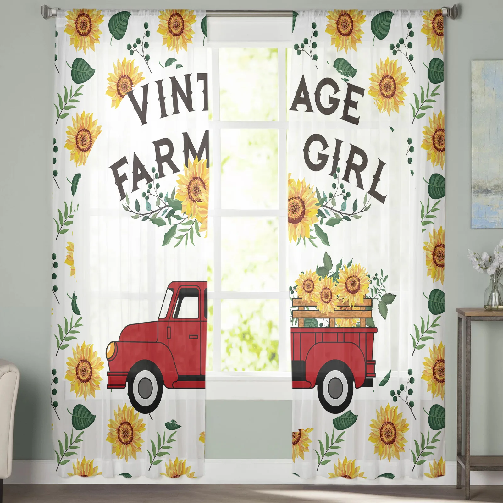 Винтаж дом красный грузовик шторы с подсолнухами для Гостиная Спальня