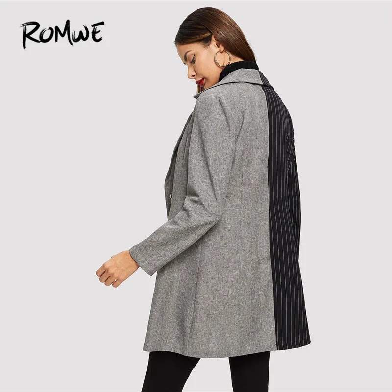 ROMWE Notch Collar Colorblock Striped Coat Women Blazer Autumn Fashion Ladies Jackets Fall Elegant Black Double Breasted Blazer