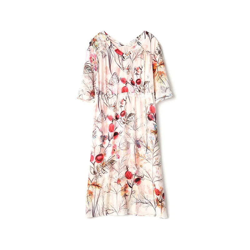 

2020 Summer New Women's V-neck Printed Short-Sleeved Slim-Fit Temperment Silk Dress Mulberry Silk