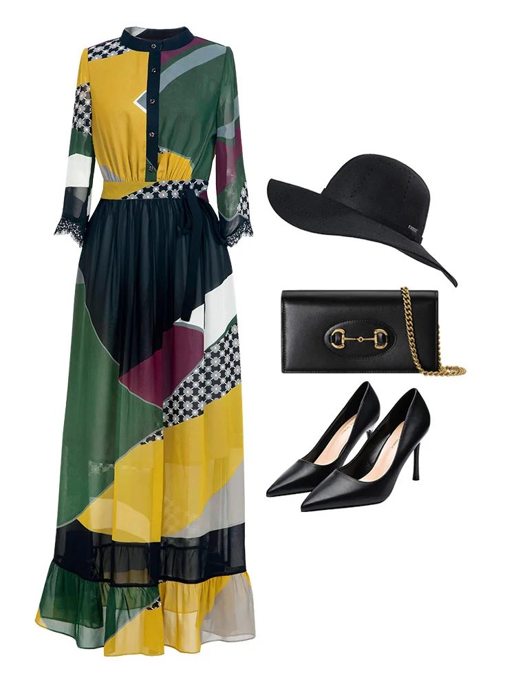 

2021 Chiffon Patchwork Long Dress Office Lady Three Quarter Sleeve Printed Women Runway Dress DZ2606