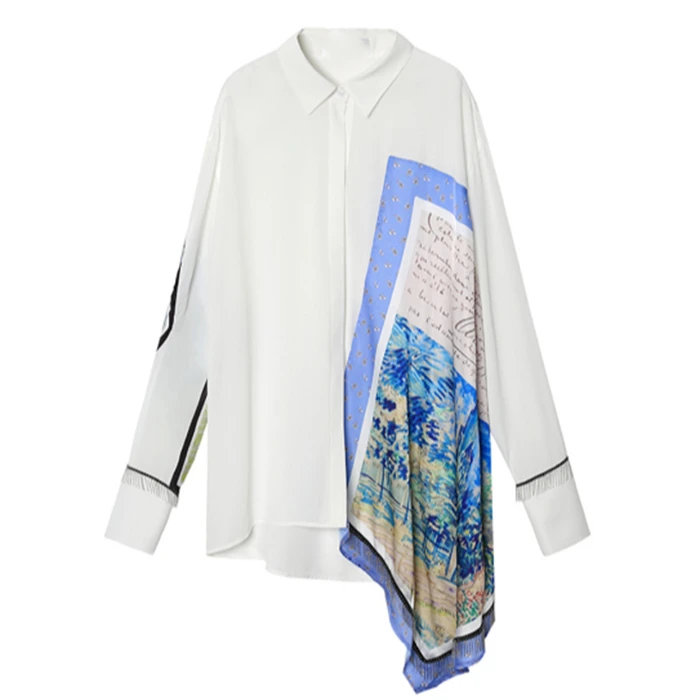 Cheerart дизайнерские осень Для женщин модная рубашка с длинными рукавами, с рисунком, из кусков, Асимметричный топ Camisas Femininas белый