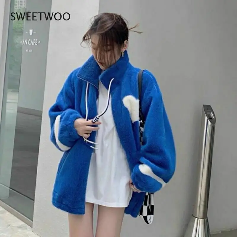Autumn and Winter Standing Collar Drawstring Imitation Mink Lamb Baseball Suit Loose One-Piece Plush Thick Leisure and Warmth