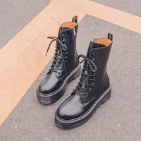 autumn and winter new womens boots flat heel high tube lace up motorcycle boots muffin thick leather boots