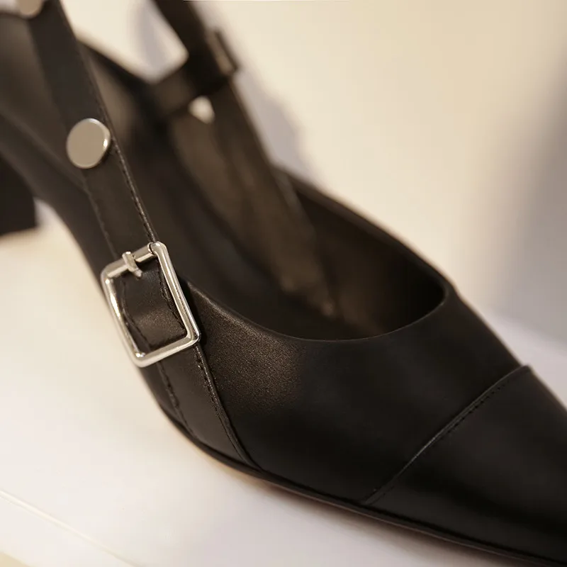 

Women's genuine leather mix color pstahwork slip-on pumps slingback pointed toe metal buckle ladies evening dress heels shoes
