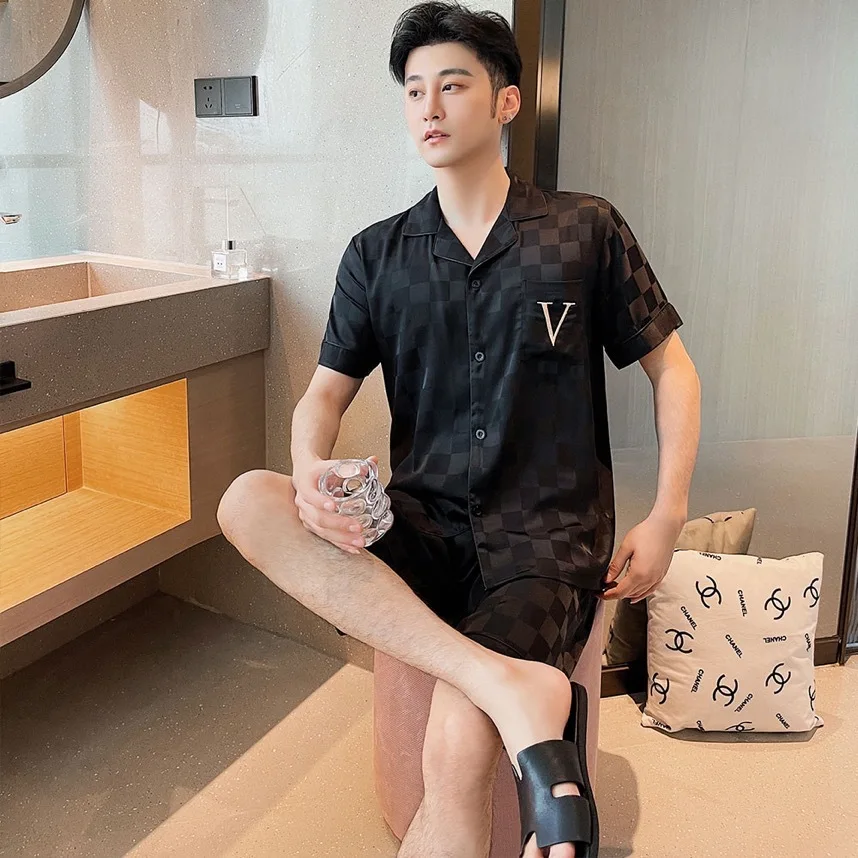 

Women Summer Couple Pajamas Set Sleepwear Short Sleeve Shorts Home Suit Simple Style Black Pijamas Suit Loose Satin Loungewear