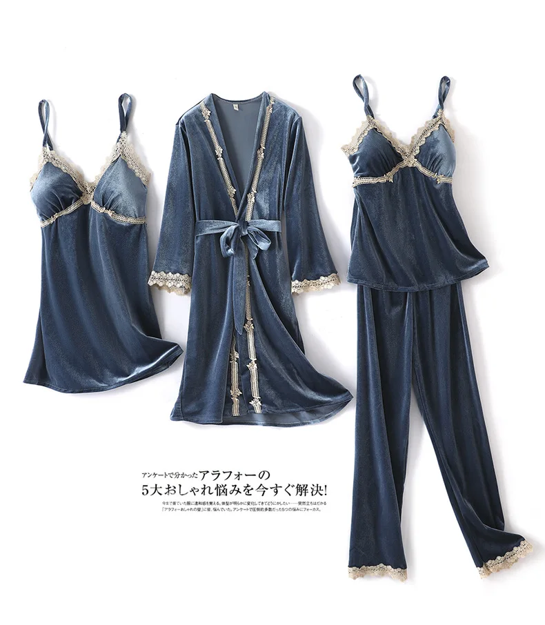

Green Lace 4PCS Pajamas Set Women Velvet Casual Velour Nightwear Sleep Set With Belt Long Sleeve Robe&nighty Sleepwear