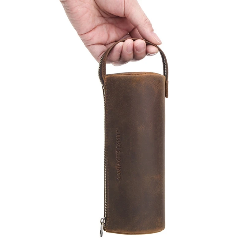 

T3EE Retro Cowhide Leather Zipper Pencil Case High Capacity School Office Pen Bag Pouch Stationery Supplies