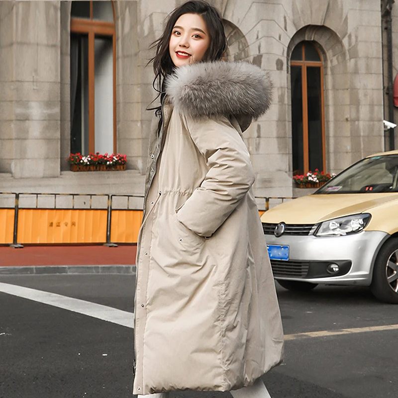 Женский двухсторонний длинный пуховик зимнее пальто с капюшоном и белым утиным