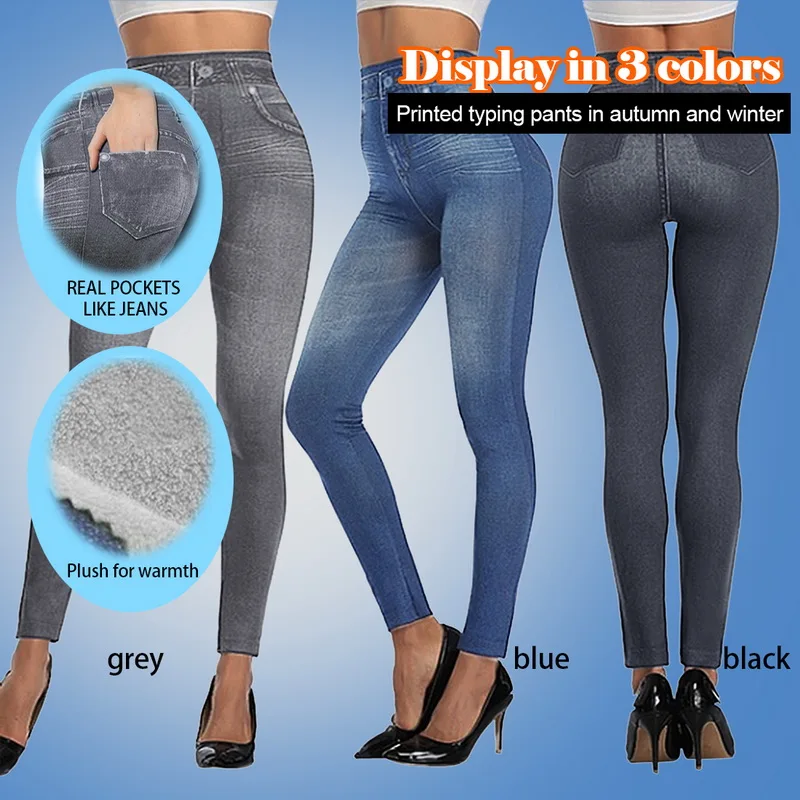 

Puimentiua Slim Women Leggings Faux Denim Jeans Leggings Sexy Long Pocket Printing Thick Winter Leggings Casual Pencil Pants