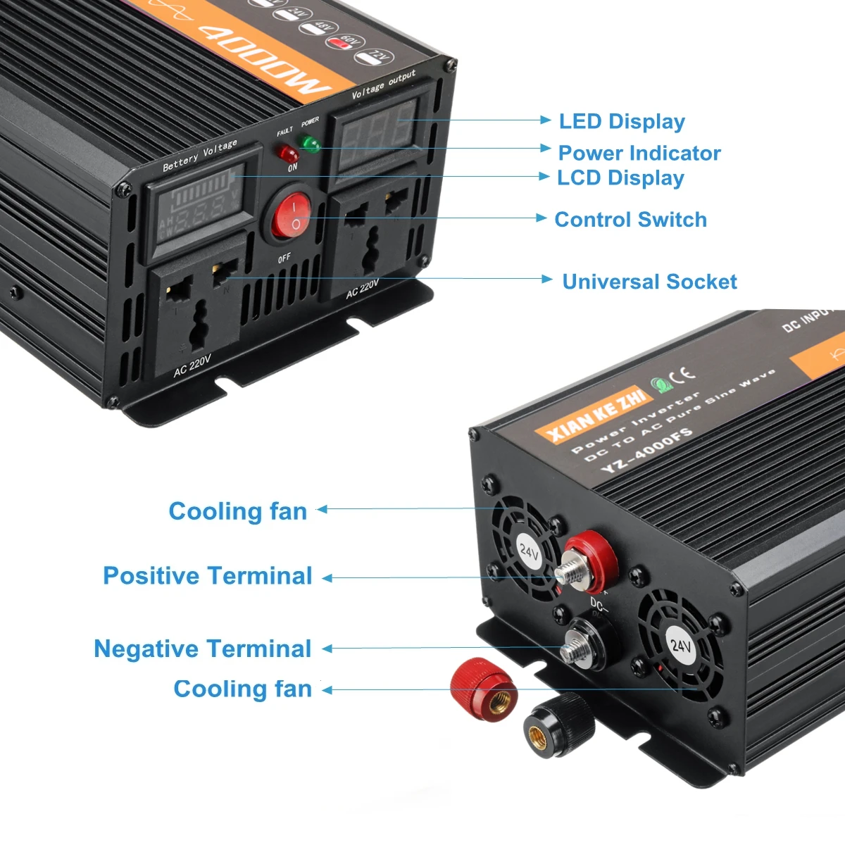 Солнечный Инвертор Чистая синусоида 4000 Вт автомобильный инвертор DC 12V 24V 48V 60V к AC