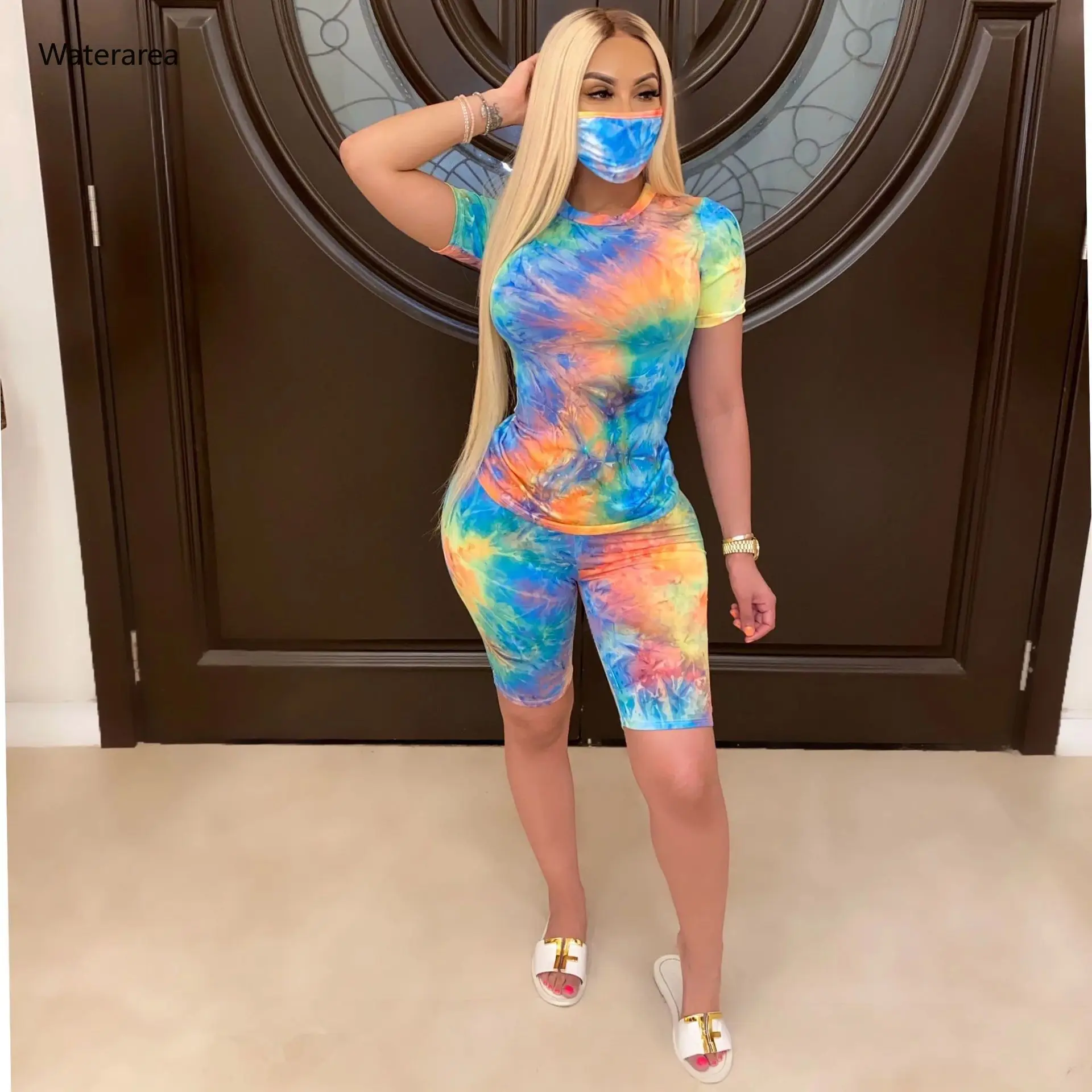 Женский спортивный костюм с принтом Galaxy Tie Dye черный топ в виде дыр маска и шорты