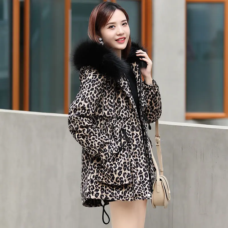 Fdfklak Leopard Print Jacket 2021 New Product Fashion Waist Slim Mid-Length Thick Warm Parkas Woman 2021 Gold Velvet Coat Kurtka enlarge