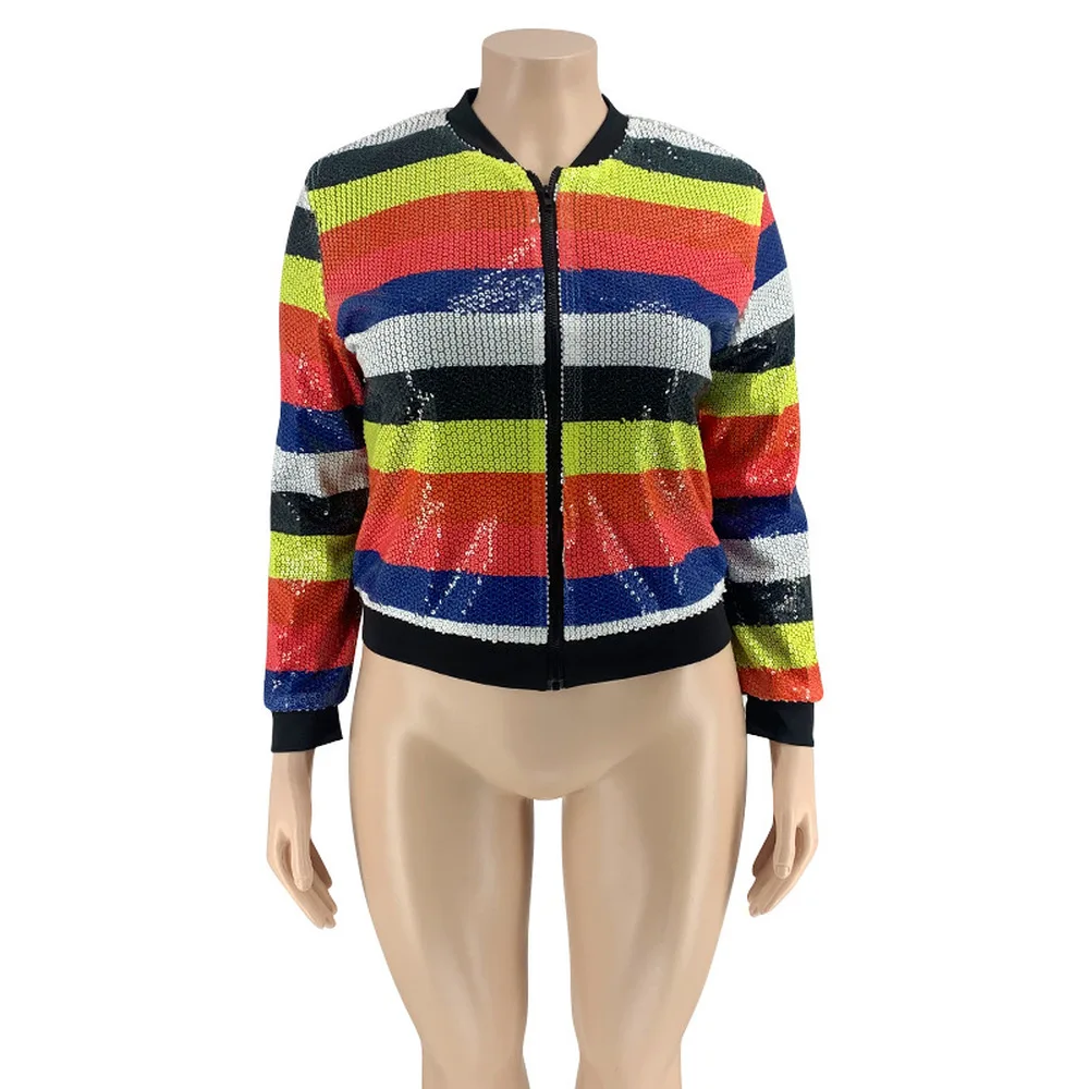 

XL-5XL Plus Size Sequin Striped Spliced Jacket Women Zipper Up Long Sleeve Loose Outerwear Spring 2021 New Oversized Coat Tops
