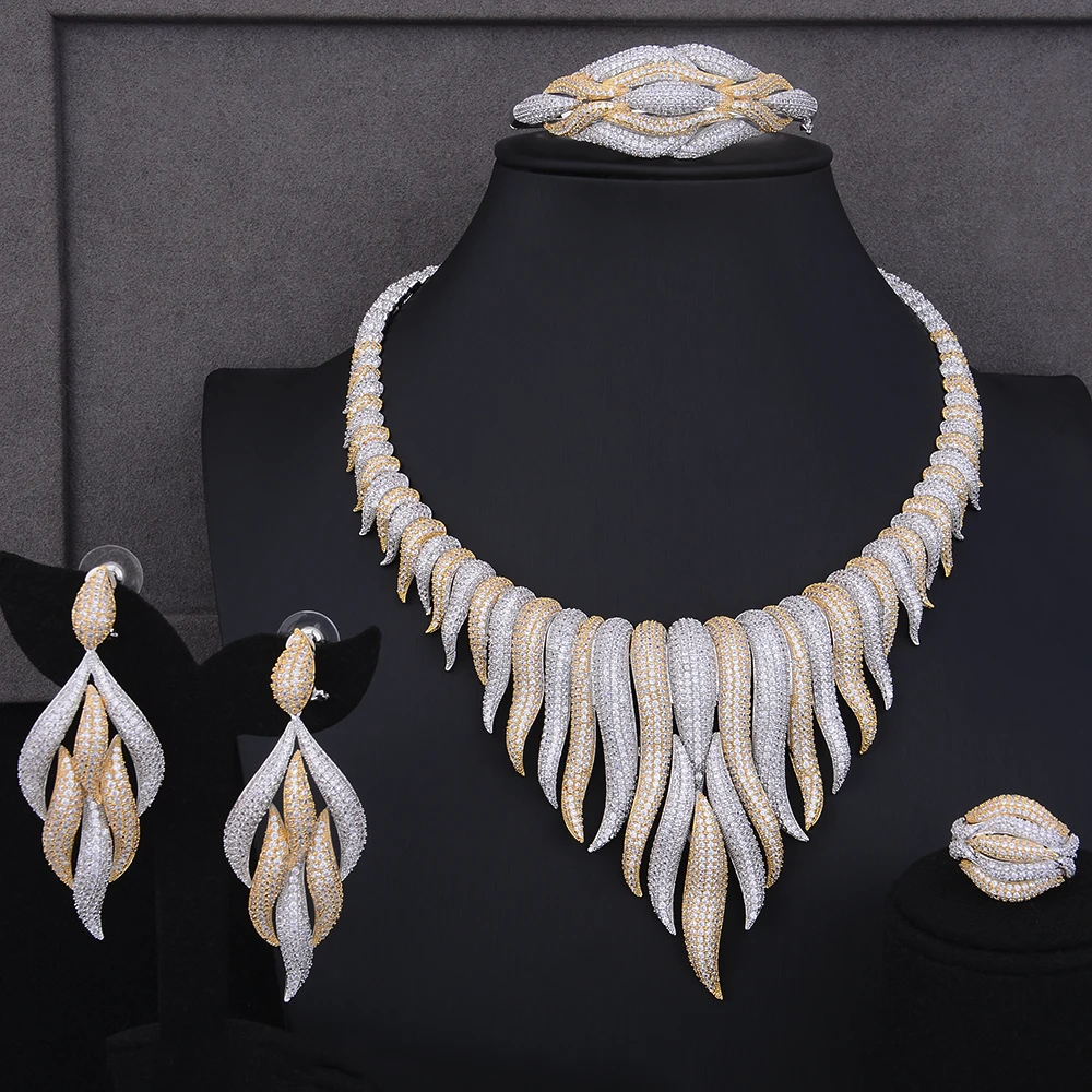 

Blachette Delicate Pillar Cluster Nigerian Wedding Jewelry Sets Cubic Zirconia Collar Necklace Earrings Bracelet Ring Jewelry