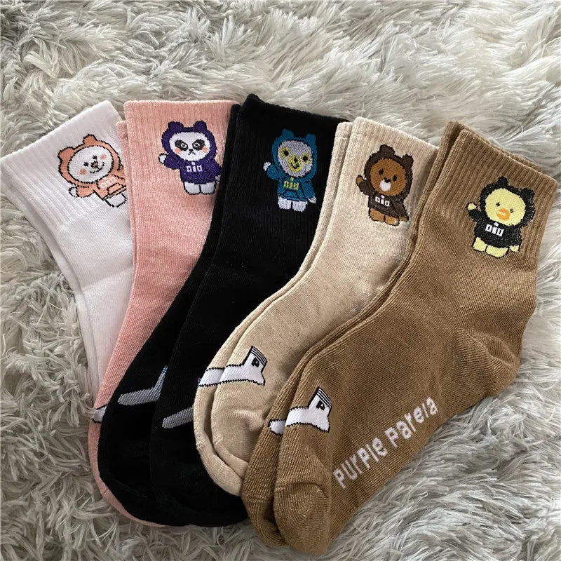 

10 pieces = 5 pairs Women Socks Bear print Cotton 2021 fashion Casual Autumn and Winter Embroidery Cute Animal Socks women