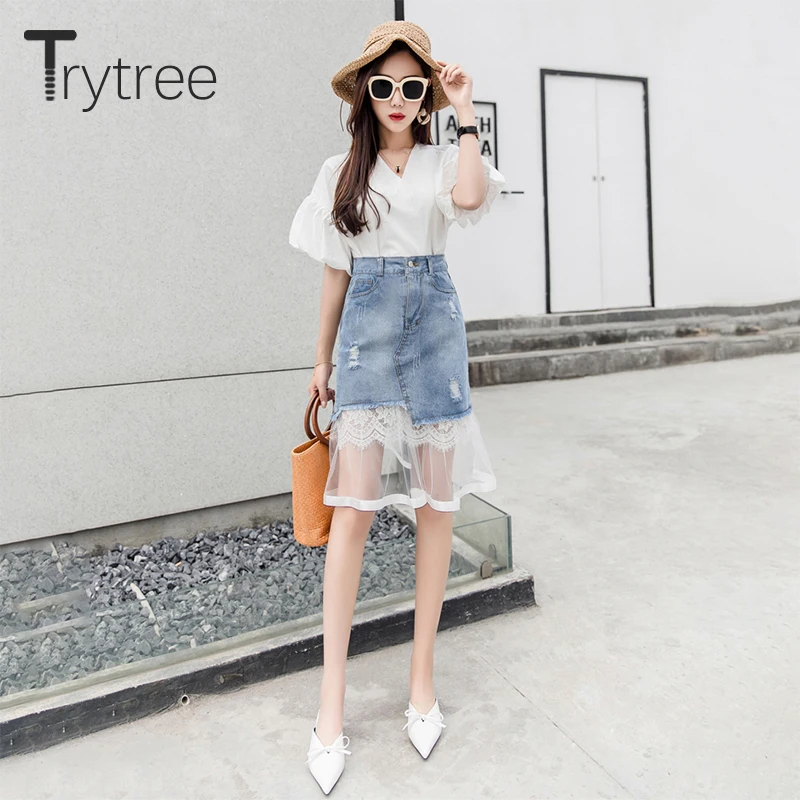 Весенняя женская повседневная юбка Trytree 2020 с карманами на пуговицах ковбойская