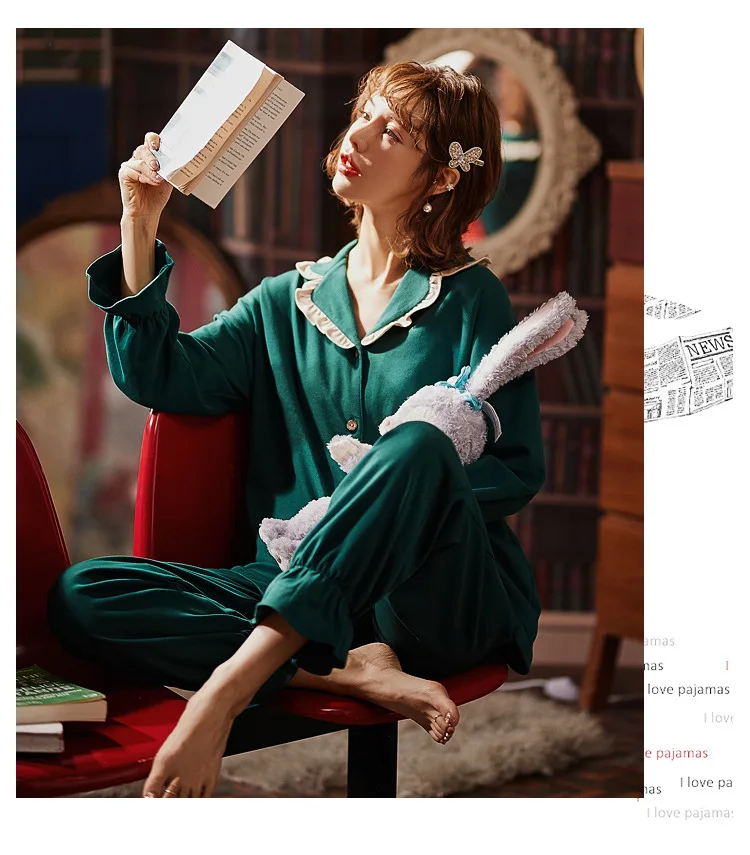 

Plus Trousers 2-Piece Set Pajamas Comfortable Cartoons Women Pajamas Turn-Down Collar Pure Cotton Trousers Long Sleeve