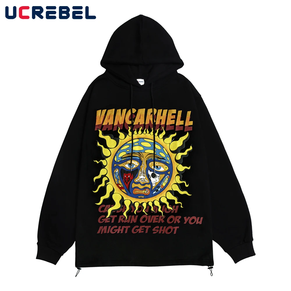 

Spoof Sun Print Fleece Sweatshirts Mens Autumn Casual Hoodies Streetwear Loose Long Sleeve Pullover Men