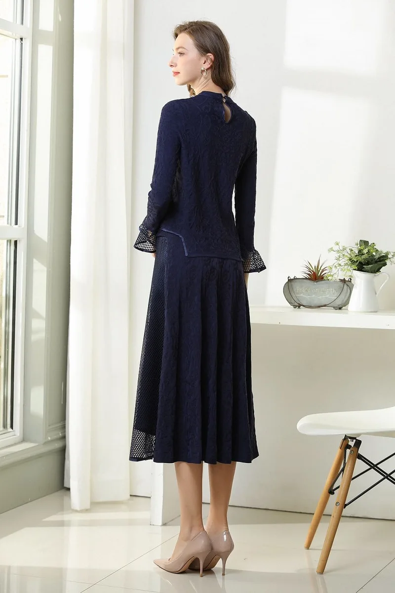 

Quality Sweater High Sets 2021 Autumn Winter Suit Women Hollow Out Mesh Patchwork Knitted Pullovers+Mid-Calf Length Skirt Sets