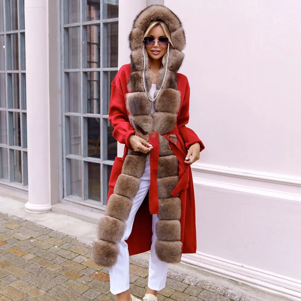 120cm Long Real Fox Fur Coat Women Casual Winter Fashion Natural Wool Blends with Fox Fur Trim of Hood Genuine Cashmere Fur Coat