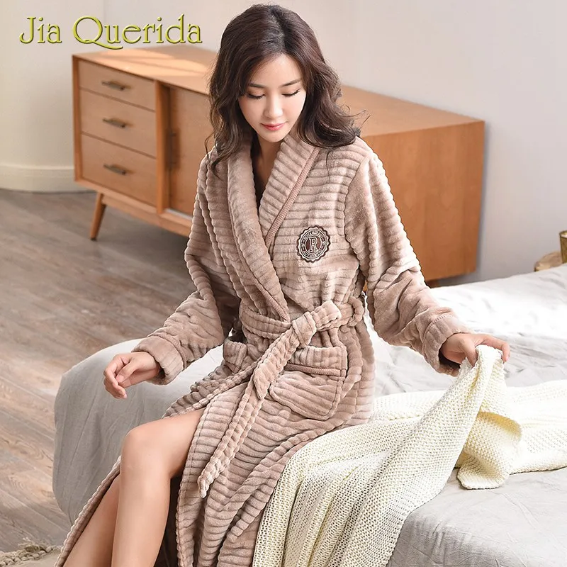 Womens Robes In Winter Soft and Warm Flannel Striped Plus Size Turn-down Collar Pocket Loose Weight Long Bathrobe Robe for Women | Женская