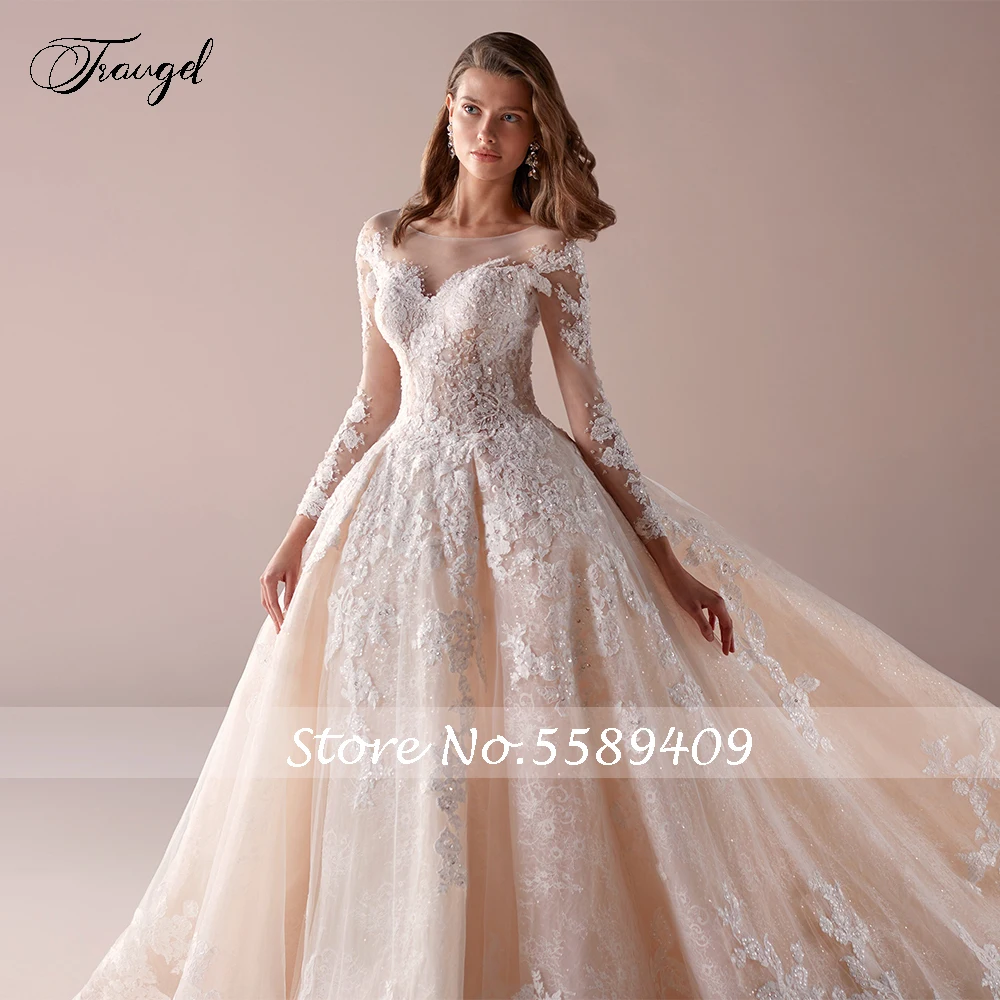 

Traugel Luxury Scoop Ball Gown Lace Wedding Dress Applique Beading Long Sleeve Bride Dress Cathedral Train Bride Gown Plus Size