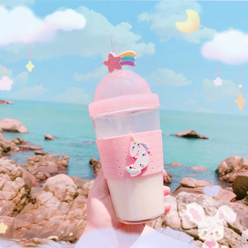 Pink Boxi Kpop Kawaii стеклянная бутылка для воды для девочек, мультяшная Милая бутылка для воды для детей и взрослых, чашка для воды с крышкой и соломенными ручными чашками - Цвет: Pink