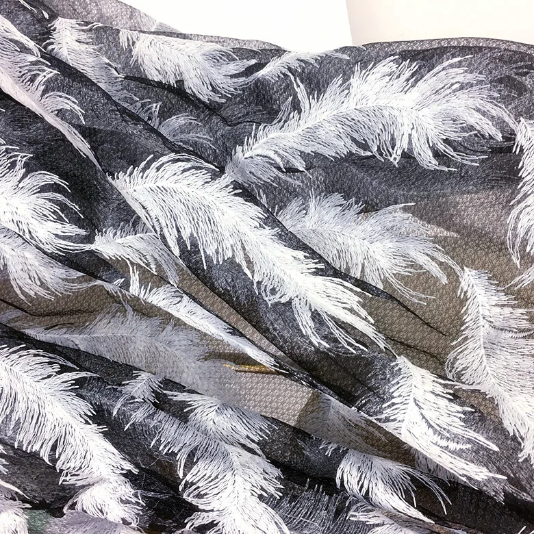 1yd Black White African Lace Fabric Feather Pattern Milk Silk Embroidered Diamond Net French For Sewing Party Dress | Дом и сад