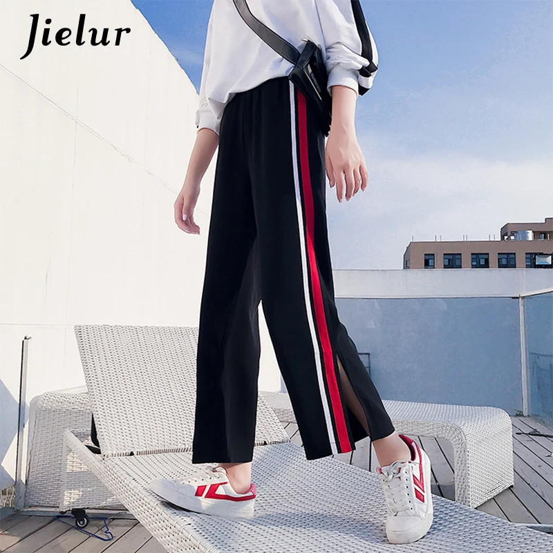 Jielur Autumn Loose Split Casual Korean Women Pants White Red Green Striped Hipster Wide Leg Straight Classic Trousers XXL | Женская