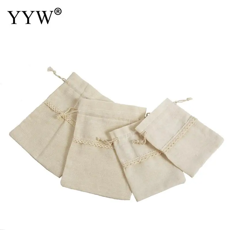 10PCs/Lot Cotton Drawstring Bag With Lace Durable Hardwearing Practical Beige Small Gift Jewelry Container 10x14cm 13x18cm | Украшения и