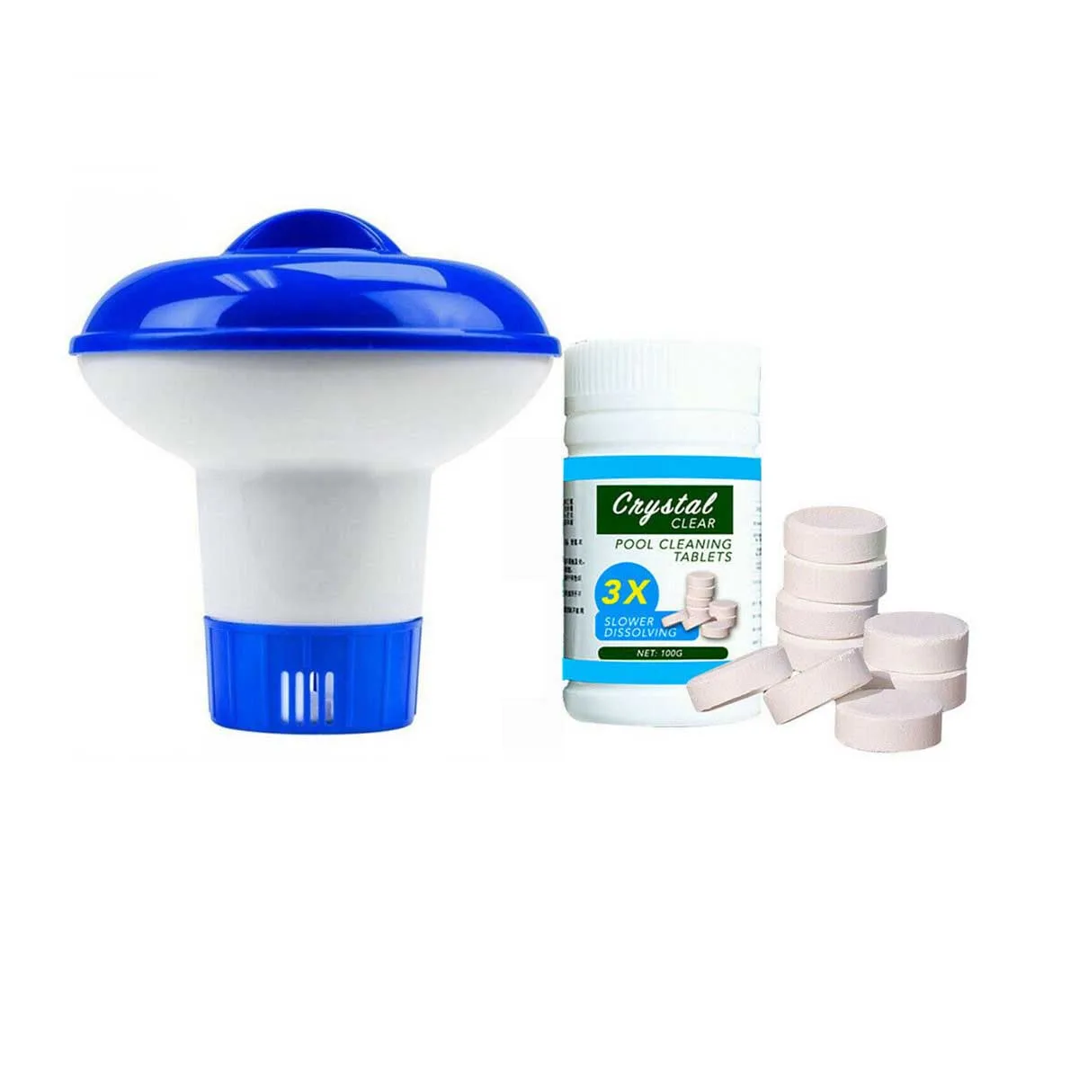 

100Pcs Pool Cleaning Effervescent Chlorine Tablets w Dispencer Crystal Clear Cage Disinfect Swimming Pool Foaming Clarifier