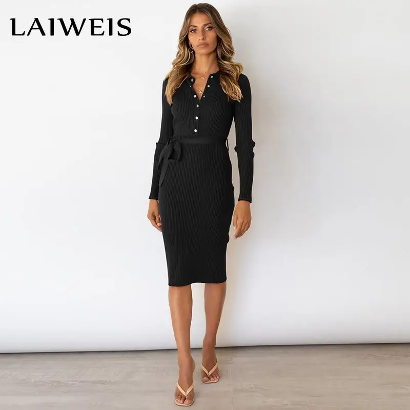 

LAIWEIS Women's 2021 New Mediumn Long Hedging Elegant Party Knitted Dress Ladies Autumn Winter Long Sleeved Slim Lace Up Dress