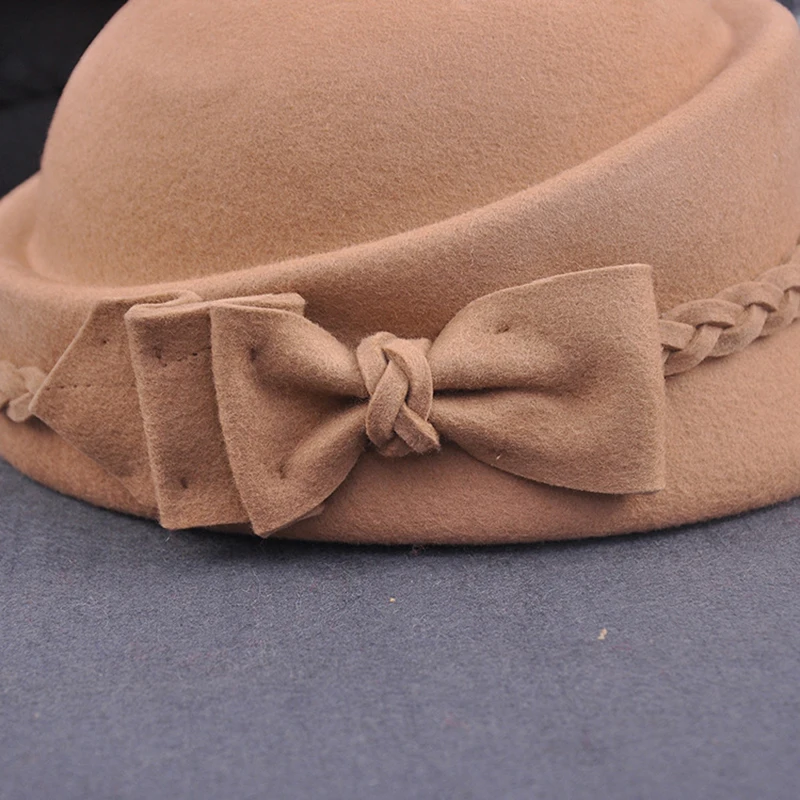 Зимние 100% шерстяные фетровые женские свадебные шапки с бантиком береты шляпа