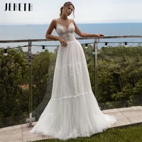 jehteh lace appliqued tulle boho wedding dresses for women spaghetti straps v neck open back bride dresses floor length with bow