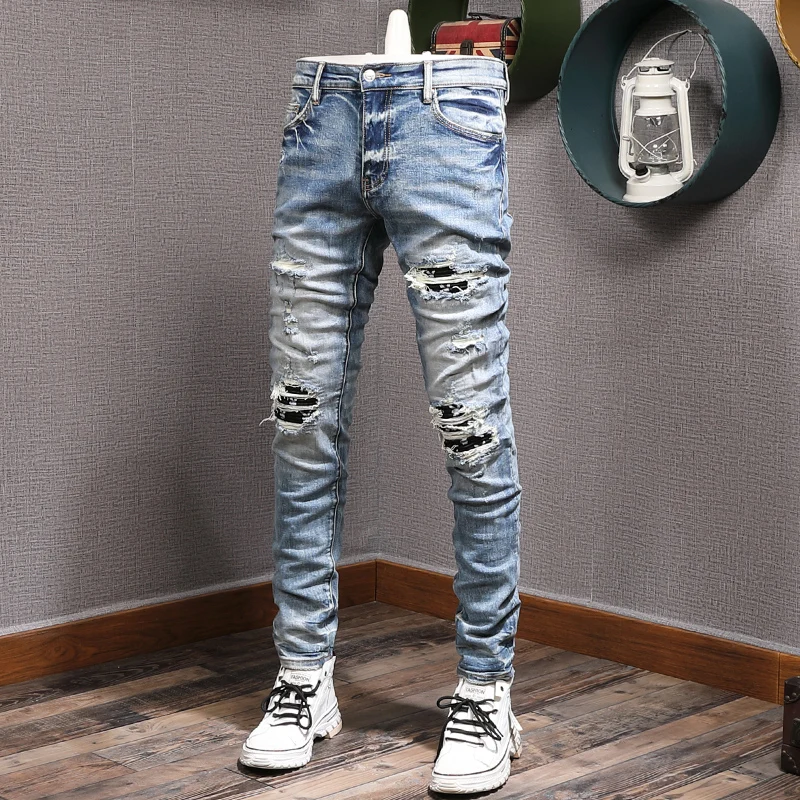 Street Style Fashion Men Jeans Retro Blue Elastic Slim Fit Destroyed Ripped Jeans Men Patch Designer Hip Hop Denim Punk Pants