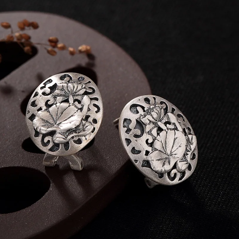 S925 Pure Anemone Lotus Leaf Matt Color Retro Simple High-grade Silver Ear Nails Wholesale | Украшения и аксессуары