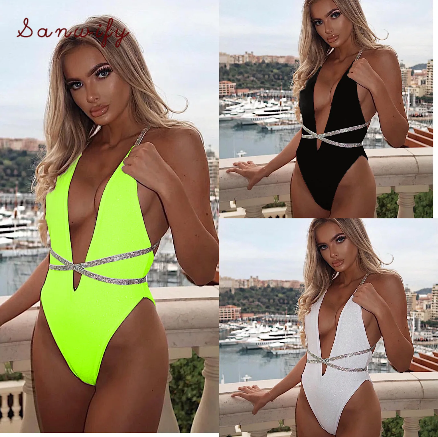 

2020 Sexy Swimwear Fashionable Bikinibikini Deep Backless One-piece Swimsuit Shoulder Strap Pure Bikini Swimsuit