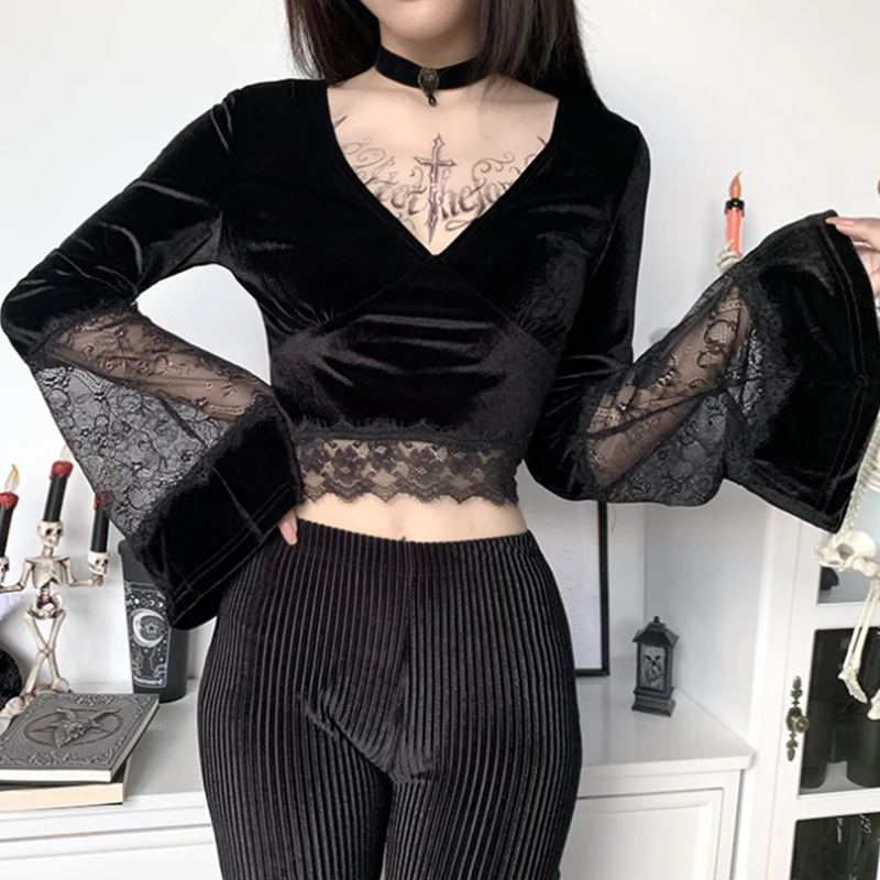 Женский укороченный топ Goth Черный Кружевной Топ с длинным рукавом и v-образным