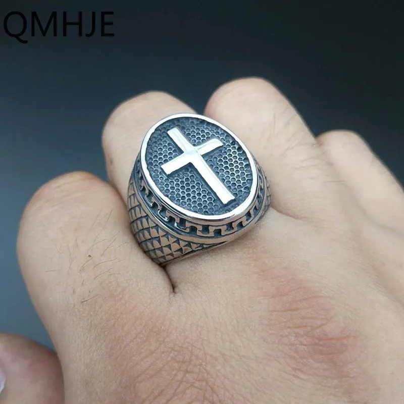 QMHJE, овальные мужские кольца-печатки из нержавеющей стали с крестом, кольцо в стиле хип-хоп, мужские ювелирные изделия серебряного цвета, готический панк классический винтажный DCR010
