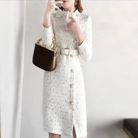 fall and winter women long sleeve tweed dress french victorian waist slimming woolen solid color new female chic vestidos dress